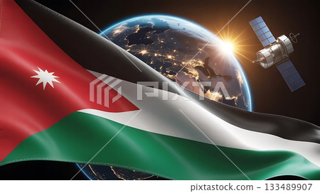 Jordanian flag waving in space with satellite and earth in the background Jordanian flag waving in space with satellite and earth in the background 133489907