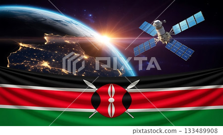 Kenyan satellite orbits above earth with the national flag in the foreground Kenyan satellite orbits above earth with the national flag in the foreground 133489908