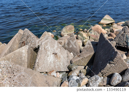 Rugged rocky shoreline features concrete breakwater blocks and tetrapods Rugged rocky shoreline features concrete breakwater blocks and tetrapods 133490119