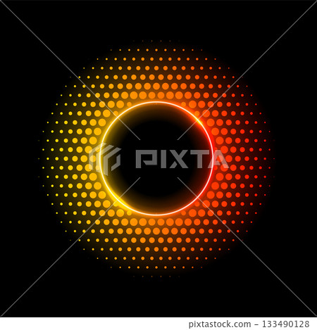 Color dotted round pattern. Neon yellow orange frame with halftone effect. Abstract shining background with light glowing elements. Glitter circle ring. Modern futuristic vector illustration 133490128