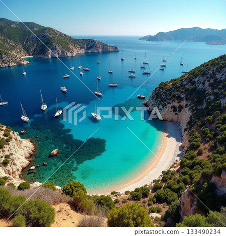 Sailboats anchored in a tranquil bay with clear waters Generative AI 133490234