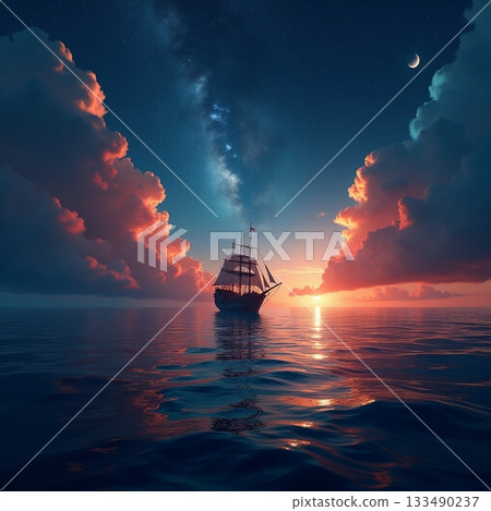 Beautiful sailing ship under a starry night sky Generative AI Beautiful sailing ship under a starry night sky Generative AI 133490237