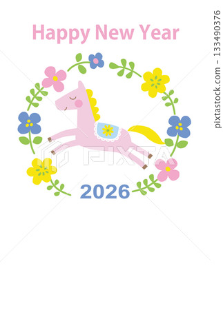 Flower wreath and foal New Year's card design Flower wreath and foal New Year's card design 133490376