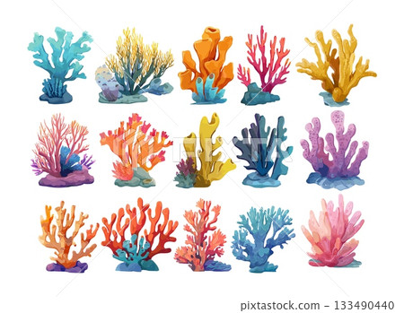 Coral reef elements cartoon vector set. Underwater plants seaweed polyps sea ocean fauna flora aquarium decoration marine life kelp anemones aquatic illustration isolated on white background 133490440