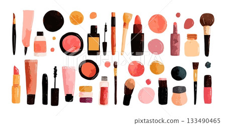 Beauty products cosmetic flat collection. Fashion lipstick mascara blush brush skin care glamour items makeup lipcolor eyelash enhancer accessories accents aqueous pigment aesthetic isolated 133490465