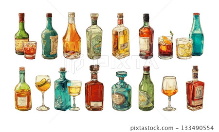 Alcoholic beverages bottles vector set. Glasses cocktails drinks spirits wine liquor whiskey assortment tipple glassware rum champagne brandy spirituous liquids vodka pubs aperitif isolated art 133490554