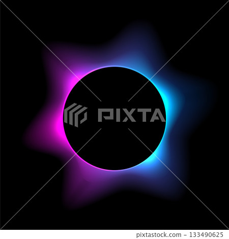 Neon color round frame with gradient effect. Abstract blurred purple blue light circle background. Colored bright blending wavy icon. Colorful geometric graphic vector illustration isolated on black 133490625