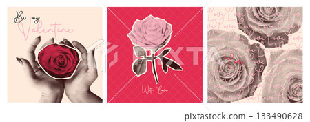Valentine Day cards set with halftone roses Valentine Day cards set with halftone roses 133490628