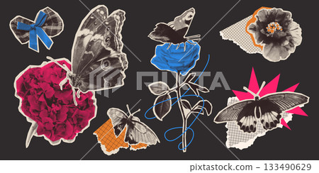 Halftone butterfly and flowers set isolated on black Halftone butterfly and flowers set isolated on black 133490629