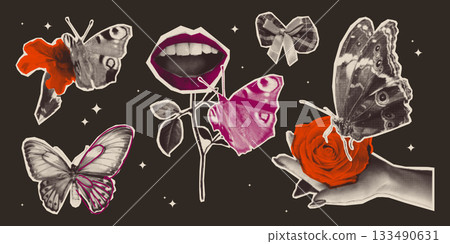 Halftone butterfly collage with grunge flower Halftone butterfly collage with grunge flower 133490631