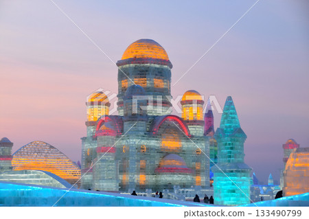 A large monastery made out of ice at Harbin Ice Festival A large monastery made out of ice at Harbin Ice Festival 133490799