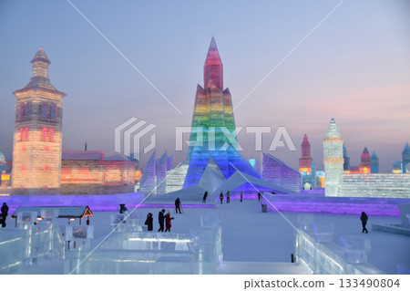 A city made entiirely of ice at the world-famous Harbin Ice & Snow Festival 133490804