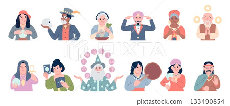 Fortune tellers. Actors with magic tools and equipment. Magicians, future teller, tarot reading, astrologers, shamans. Circus show recent vector characters 133490854