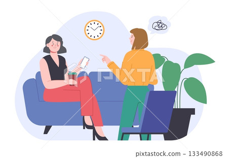 Woman talking about problems. Female chatting. Psychologist session with client. Finding troubles solution, new look on lifestyle, girl support, vector concept 133490868