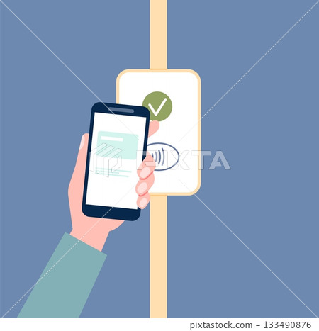 Pay for public transport with e-wallet. Online digital card for pay for parking. Hand holding smartphone and buying electronic ticket in bus, subway, vector scene 133490876