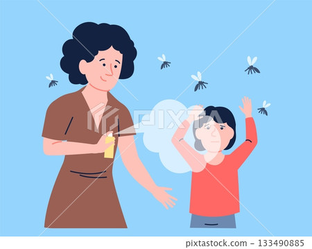 Mother protects child from mosquitoes with special spray. Kid safety, toddler frightenedly brushes off insects flying around. Seasonal problems vector scene 133490885