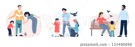 Family feeding birds. Mother father and children giving seeds to flying and walking bird. Outdoor entertainment, walk with parents on nature, vector scenes Family feeding birds. Mother father and children giving seeds to flying and walking bird. Outdoor entertainment, walk with parents on nature, vector scenes 133490899