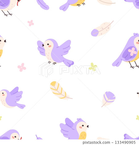 Birds seamless pattern. Tiny bird, flowers and feathers. Cute animal sparrow, funny tit print template for fabric or wrapping design, vector background 133490905
