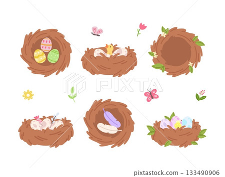Bird nests. Nest with eggs, chick, feathers and empty. Easter decorative elements, nature decorations. Colorful festive egg, vector clipart Bird nests. Nest with eggs, chick, feathers and empty. Easter decorative elements, nature decorations. Colorful festive egg, vector clipart 133490906
