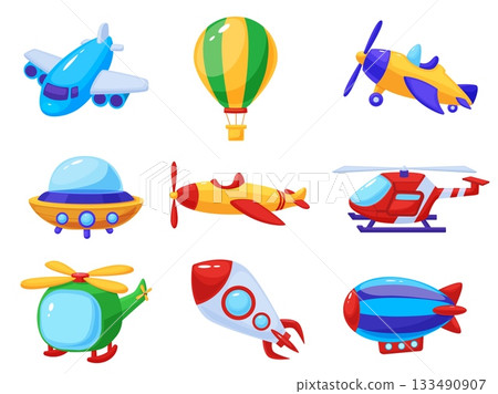Cartoon air transport. Children plastic flying toys. Spaceship, hot air balloon, rescue helicopter, alien ship, airship and retro style plane, nowaday vector set Cartoon air transport. Children plastic flying toys. Spaceship, hot air balloon, rescue helicopter, alien ship, airship and retro style plane, nowaday vector set 133490907