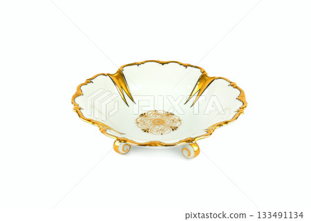 Elegant White Porcelain Dish with Gold Trim and Scroll Feet 133491134