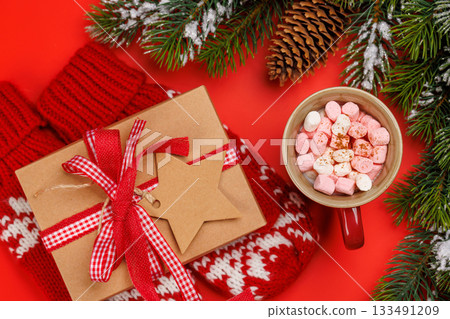 Gift box, cup with marshmallows, snowy fir branches Gift box, cup with marshmallows, snowy fir branches 133491209