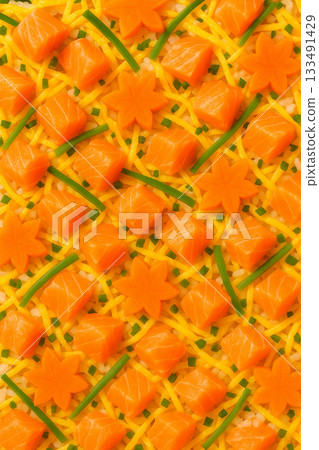 Autumn color salmon chirashi sushi pattern Autumn color salmon chirashi sushi pattern 133491429