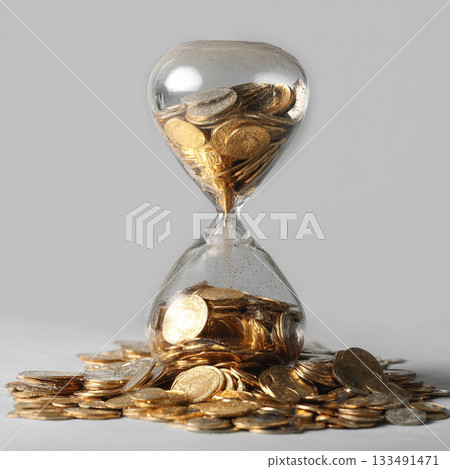 A clear hourglass with flowing gold glitter stands amidst a glittering pile of golden coins against a dramatic dark background, symbolizing wealth and the passage of time. 133491471