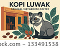 Original Vietnamese Coffee poster. Copi luwak. Asian palm civet animal in traditional Vietnamese coffee shop background surrounded by coffee beans and leaves 133491538