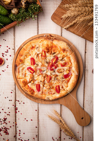 Chicken pizza with tomatoes Chicken pizza with tomatoes 133491769