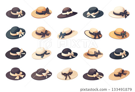 Set of cartoon vintage hats, straw and fabric, headwear, retro style, vector illustration 133491879