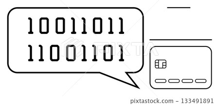 Binary code inside a speech bubble next to a credit card. Ideal for cybersecurity, online transactions, data encryption, secure payments, digital communication, technology, coding. Line metaphor Binary code inside a speech bubble next to a credit card. Ideal for cybersecurity, online transactions, data encryption, secure payments, digital communication, technology, coding. Line metaphor 133491891