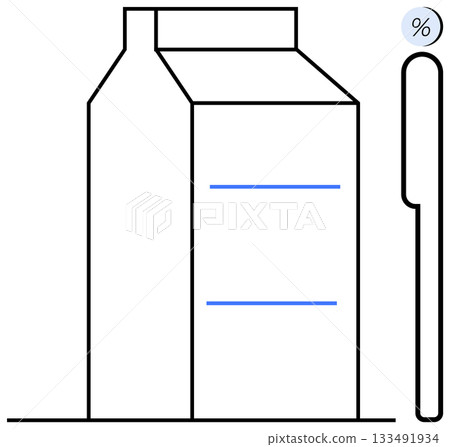 Milk carton with angular design and two blue horizontal lines, next to a percentage symbol. Ideal for dairy product packaging, nutrition facts, minimalism themes, food labeling, product advertising Milk carton with angular design and two blue horizontal lines, next to a percentage symbol. Ideal for dairy product packaging, nutrition facts, minimalism themes, food labeling, product advertising 133491934
