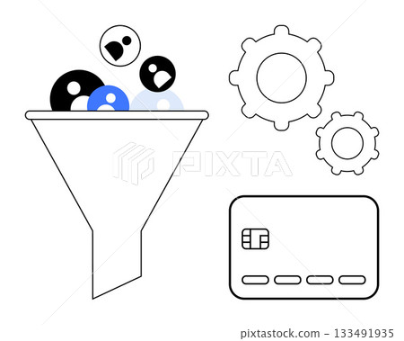 Funnels user avatars, payment card, and gears illustrating processes and transactions. Ideal for marketing, sales, e-commerce, data analysis, automation customer journey online payments. Line 133491935