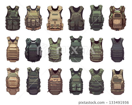 Set of cartoon bulletproof vests of different designs and shapes, military clothing, modern armor, vector illustration Set of cartoon bulletproof vests of different designs and shapes, military clothing, modern armor, vector illustration 133491936