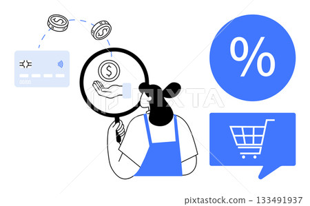 Female shopper examines dollar sign with magnifying glass, surrounded by credit card, coins, percentage sign, and shopping cart speech bubble. Ideal for e-commerce, online shopping, finance 133491937