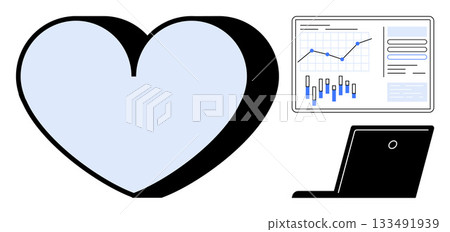 Heart shape adjacent to laptop displaying data analysis graph. Ideal for healthcare tech, business analysis, digital wellness, medical research, data visualization, technology integration, online Heart shape adjacent to laptop displaying data analysis graph. Ideal for healthcare tech, business analysis, digital wellness, medical research, data visualization, technology integration, online 133491939