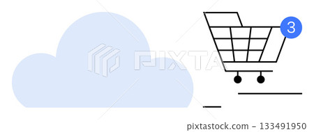 Cloud icon beside shopping cart with notification showing three items. Ideal for e-commerce, online shopping, cloud storage, data synchronization, digital marketing, retail management, UIUX design Cloud icon beside shopping cart with notification showing three items. Ideal for e-commerce, online shopping, cloud storage, data synchronization, digital marketing, retail management, UIUX design 133491950