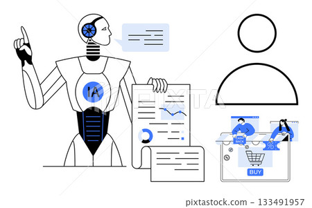 Robot with IA on chest presenting charts and documents, human figure, online shopping cart with avatars. Ideal for tech, AI, data analysis, e-commerce, automation, presentations digital marketing Robot with IA on chest presenting charts and documents, human figure, online shopping cart with avatars. Ideal for tech, AI, data analysis, e-commerce, automation, presentations digital marketing 133491957