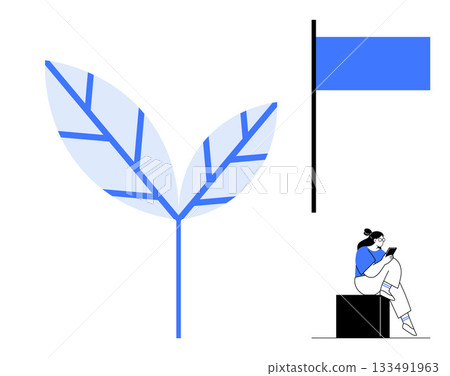Large blue leaf next to blue flag on black pole, woman sitting on black block reading book. Ideal for nature, relaxation, meditation, learning, simplicity, eco-friendly and modern design themes. Line Large blue leaf next to blue flag on black pole, woman sitting on black block reading book. Ideal for nature, relaxation, meditation, learning, simplicity, eco-friendly and modern design themes. Line 133491963