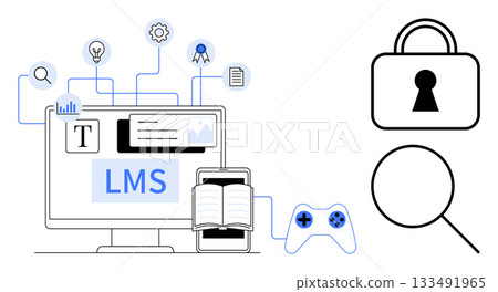 Computer screen displays LMS and educational tools, linked with icons thumbs up lightbulb and gear. Gaming controller, lock and magnifying glass. Ideal for e-learning, online courses Computer screen displays LMS and educational tools, linked with icons thumbs up lightbulb and gear. Gaming controller, lock and magnifying glass. Ideal for e-learning, online courses 133491965