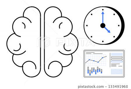 Brain outline symbolizes cognition. Clock represents time. Data dashboard shows progress. Ideal for productivity, time management, cognitive training, efficiency, project tracking, business strategy 133491968