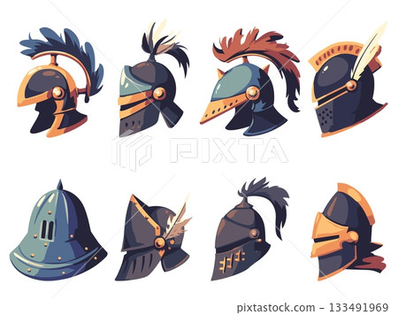 Knight helmet set. Medieval armor for warriors with feathers. Metal detailed different shapes and accessories vector illustration 133491969