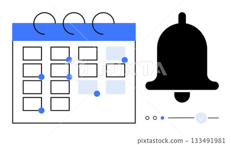 Calendar with events highlighted, large notification bell signifying reminders and alerts. Ideal for scheduling, productivity, event planning, time management, reminders, alerts, and organization 133491981