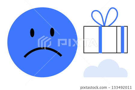 Sad face emoticon next to a gift box with a blue ribbon and a light blue cloud. Ideal for themes thumbs up emotions, gifts, contrasts, digital communication, holidays, disappointment, celebrations Sad face emoticon next to a gift box with a blue ribbon and a light blue cloud. Ideal for themes thumbs up emotions, gifts, contrasts, digital communication, holidays, disappointment, celebrations 133492011