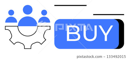 Abstract representation of teamwork with three people silhouettes inside a gear beside a blue BUY button. Ideal for e-commerce, teamwork, collaboration, online shopping, business, technology, digital Abstract representation of teamwork with three people silhouettes inside a gear beside a blue BUY button. Ideal for e-commerce, teamwork, collaboration, online shopping, business, technology, digital 133492015