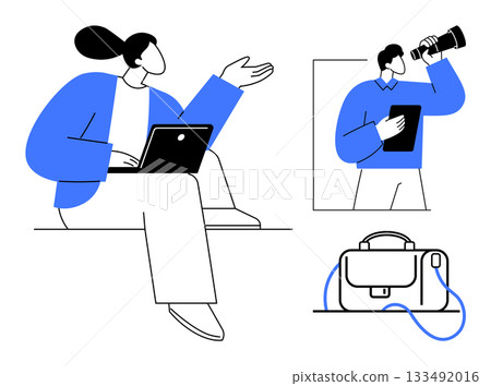 Business professional with laptop gestures while another examines possibilities using binoculars beside office bag. Ideal for remote work, leadership, research, communication, corporate training Business professional with laptop gestures while another examines possibilities using binoculars beside office bag. Ideal for remote work, leadership, research, communication, corporate training 133492016
