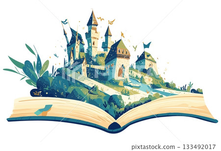 cartoon fairy tale castle on a hill growing out of an open book surrounded by trees and bushes with towers and flags, vector illustration 133492017