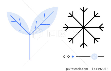 Futuristic leaf with blue veins and geometric snowflake next to minimalistic control elements. Ideal for nature, technology, design, contrast, seasons, purity, and freshness themes. Line metaphor Futuristic leaf with blue veins and geometric snowflake next to minimalistic control elements. Ideal for nature, technology, design, contrast, seasons, purity, and freshness themes. Line metaphor 133492018