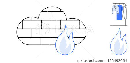 Firewall cloud with brick pattern and flame icons alongside clothes on a rack. Ideal for data security, fire safety, digital protection, cloud computing, cybersecurity, storage solutions 133492064